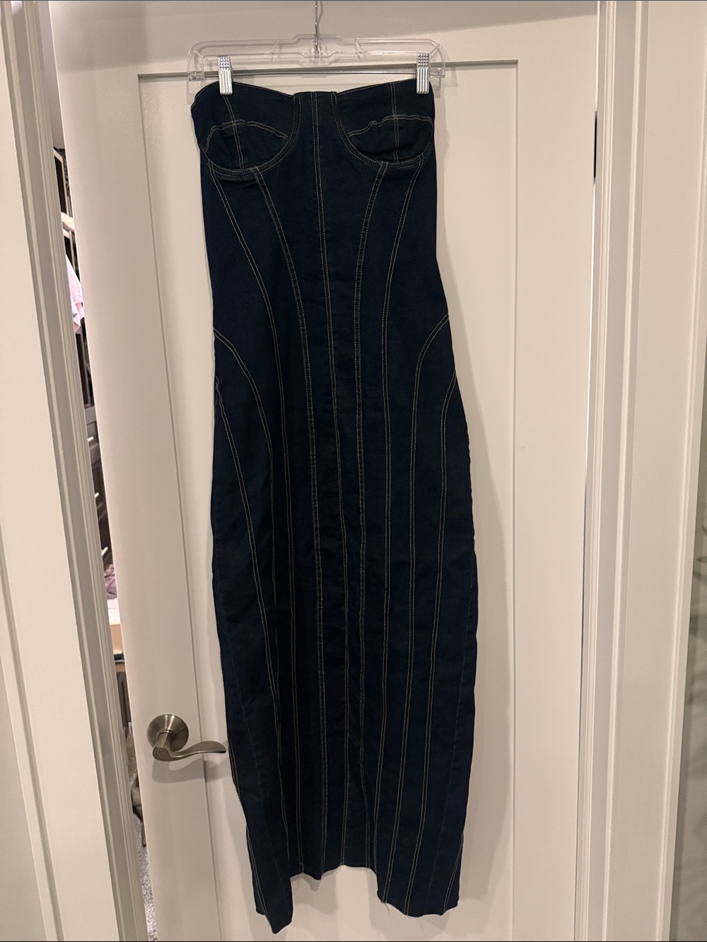 FEM size medium Strapless dark Denim Maxi Dress with Contrast Stitching
